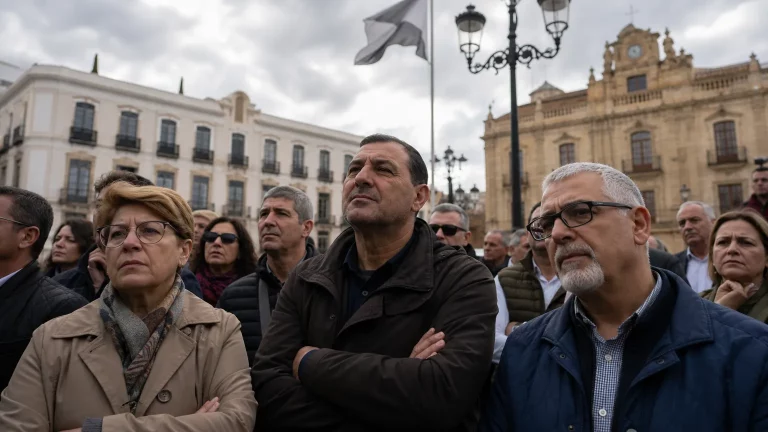 Un grupo de ciudadanos ceutíes, con expresiones de preocupación y frustración, se congrega en una plaza con edificios históricos de Ceuta al fondo, mirando hacia el horizonte, simbolizando su sentimiento de abandono.
