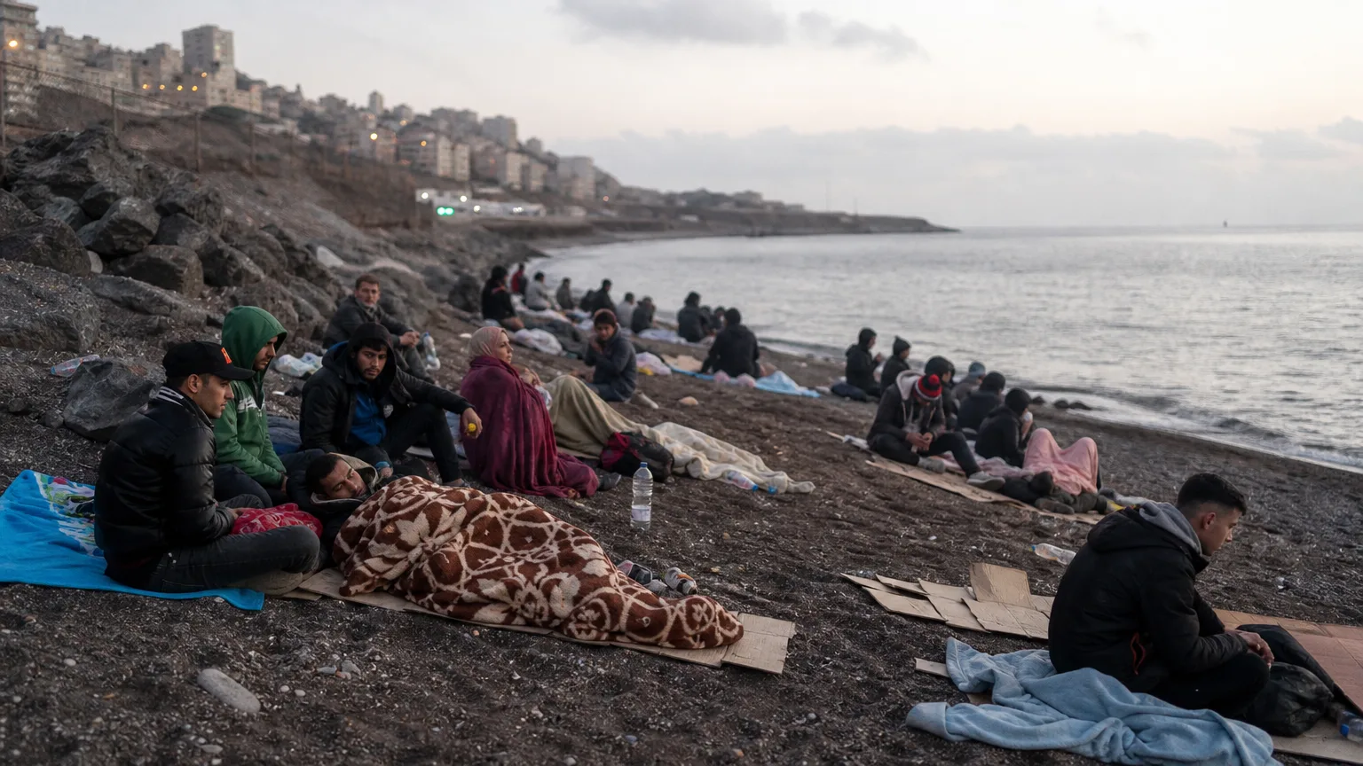 Vista aérea de la Playa del Trampolín en Ceuta, con grupos de personas en asentamientos improvisados en la arena, reflejando la crisis humanitaria.
