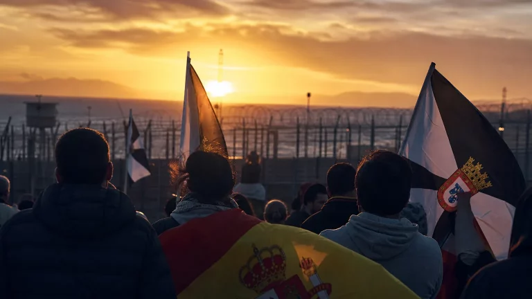 Silueta de personas observando la frontera de Ceuta al atardecer, con una sensación de abandono y preocupación. En primer plano, una mano se alza en señal de protesta o apoyo.
