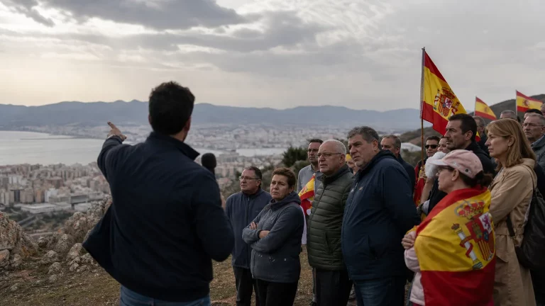 Un grupo de ciudadanos españoles, algunos con banderas, observan con preocupación la costa de Ceuta o Melilla en la distancia, mientras un periodista de espaldas señala el horizonte, simbolizando la dejadez gubernamental ante la crisis migratoria.