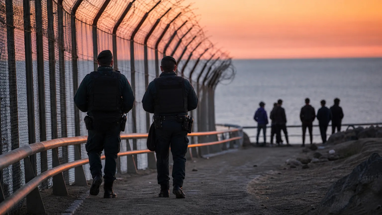 Agentes de seguridad en la frontera de Ceuta, con siluetas de jóvenes al fondo, en una escena de tensión migratoria.