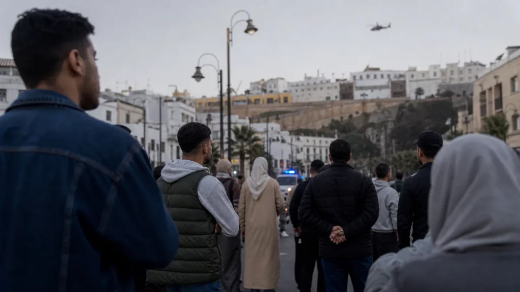 Personas de diversas edades y orígenes étnicos, de espaldas o en perfil parcial, se agrupan en una calle con un aire de preocupación, mientras al fondo se vislumbran edificios típicos de Ceuta y, de forma sutil, una silueta de un helicóptero o una sirena en la distancia, simbolizando la constante presencia de la inseguridad.