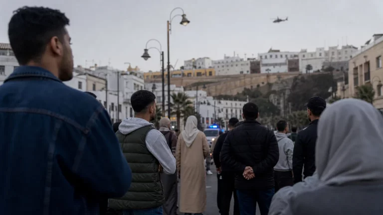 Personas de diversas edades y orígenes étnicos, de espaldas o en perfil parcial, se agrupan en una calle con un aire de preocupación, mientras al fondo se vislumbran edificios típicos de Ceuta y, de forma sutil, una silueta de un helicóptero o una sirena en la distancia, simbolizando la constante presencia de la inseguridad.
