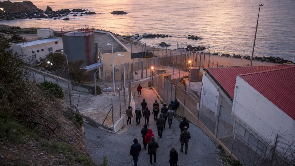 Vista aérea de Ceuta, con siluetas de personas en una playa cercana a edificios estratégicos, evocando una situación de tensión y vigilancia.