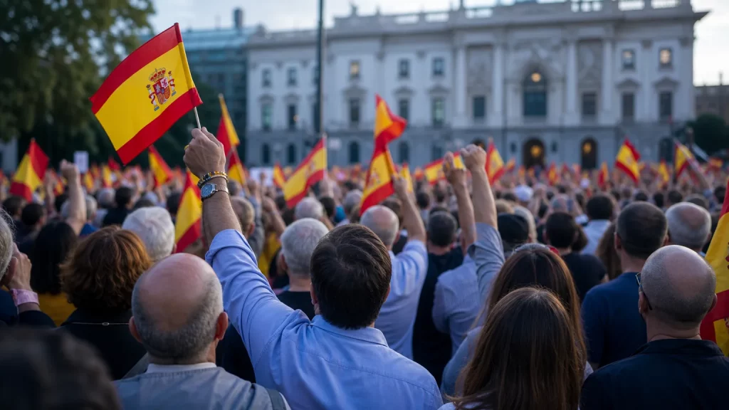 Ciudadanos manifestándose en una plaza, con pancartas que claman por la dignidad y la defensa de la nación, reflejando la preocupación por la situación en Ceuta y la inacción política.