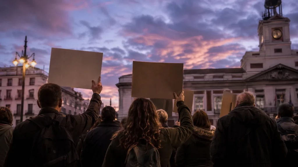 Ciudadanos reunidos en una plaza del ayuntamiento, con carteles de protesta, en una concentración pacífica contra el gobierno.