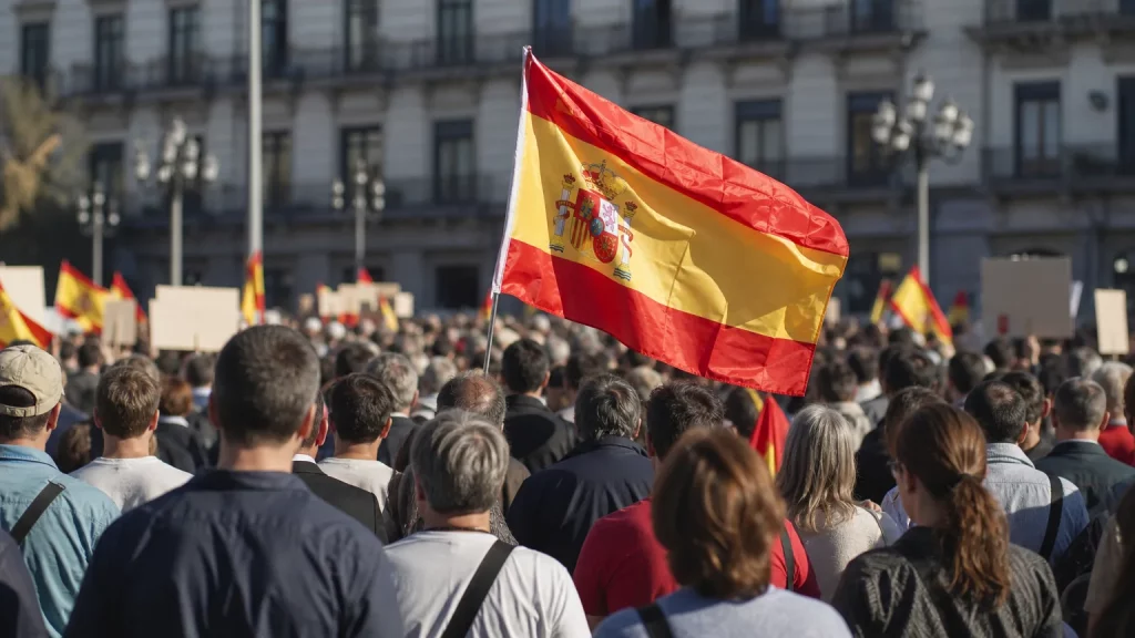 Vista trasera de una multitud de personas reunidas en una plaza cívica, algunas sosteniendo pequeñas banderas de España, en apoyo a Ceuta. El ambiente es de unidad y solemnidad, con edificios históricos de fondo. Las caras no son identificables.