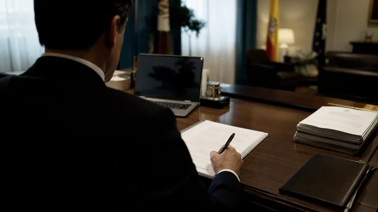 Vista trasera de una persona con traje en una oficina, sentada en un escritorio, firmando un documento importante. La escena es sobria y formal, con elementos de papelería y un ordenador de fondo, sin que el rostro sea visible.