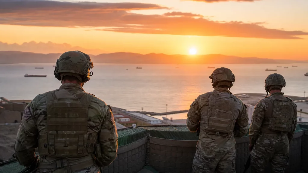 Soldados estadounidenses observando el Estrecho de Gibraltar desde una base militar en Marruecos al atardecer