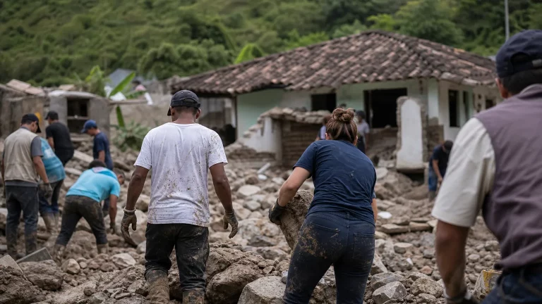 Vista aérea de una ciudad colombiana en reconstrucción tras un terremoto, con trabajadores de rescate y voluntarios en el suelo, mostrando esfuerzo y colaboración para levantar la zona.