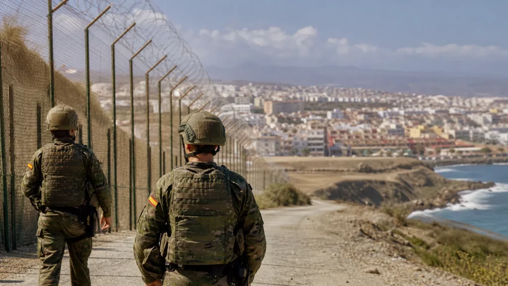 Vista aérea de la frontera de Ceuta con Marruecos, con la ciudad española al fondo y la valla fronteriza destacando la separación entre ambos territorios.
