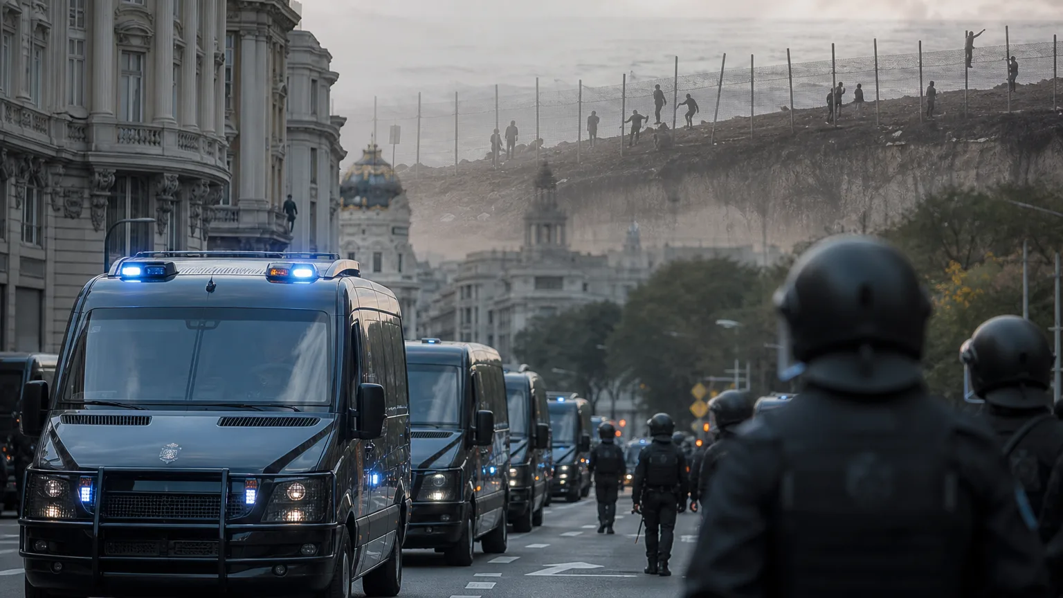Una calle principal de Madrid con un despliegue visible de furgones antidisturbios y agentes policiales, mientras en un segundo plano, sobreimpresionado de forma sutil, se vislumbra el perfil de la frontera de Ceuta, desprotegida y con siluetas de personas cruzando.