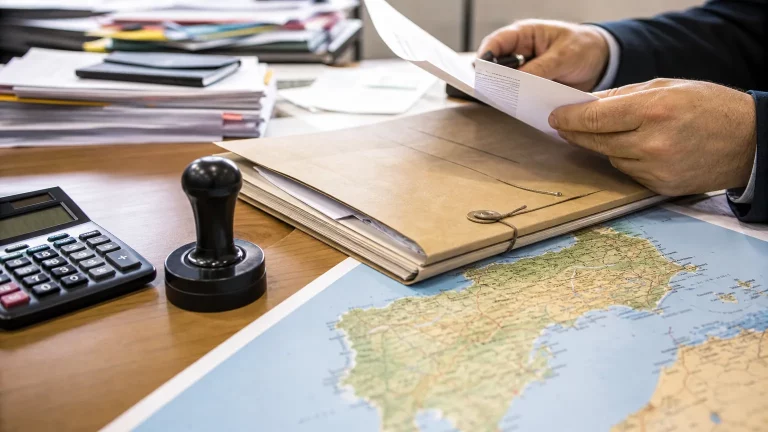 Expediente fiscal sobre una mesa con mapa de España y Marruecos, manos revisando documentos y ambiente institucional