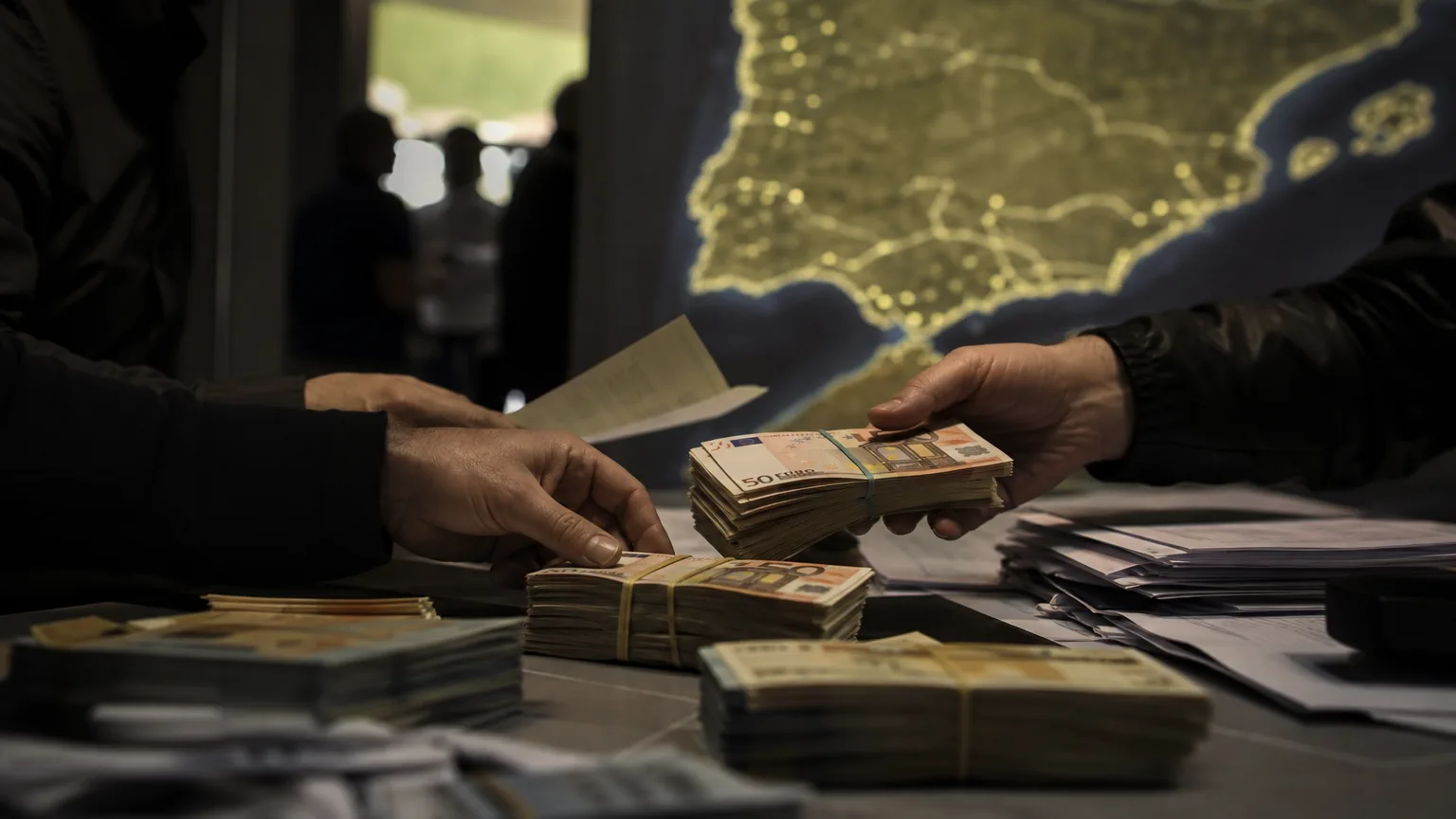 Manos anónimas manipulando pilas de billetes de euros y documentos borrosos, con un mapa estilizado de España y Marruecos de fondo, sugiriendo transferencias opacas y un flujo de dinero no controlado.