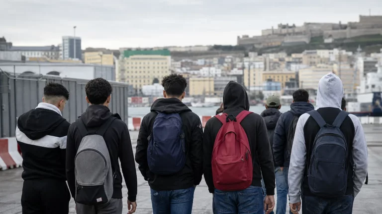 Grupo de jóvenes en un entorno urbano, de espaldas, con mochilas, cerca de una valla. La imagen sugiere la presencia de menores migrantes en una zona de tránsito.