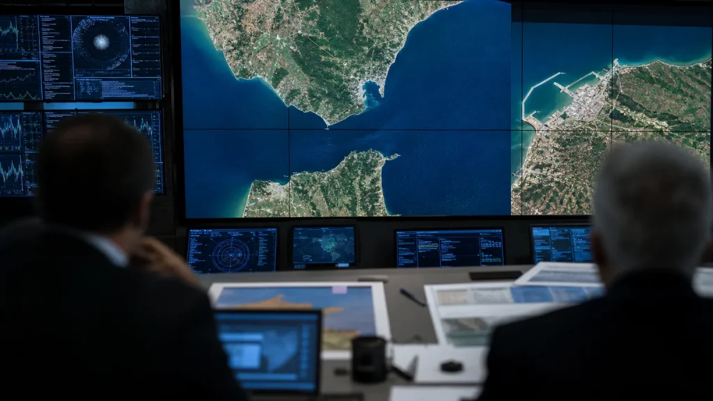 Sala de análisis con mapa del Estrecho, pantallas de inteligencia y siluetas desenfocadas observando datos geopolíticos
