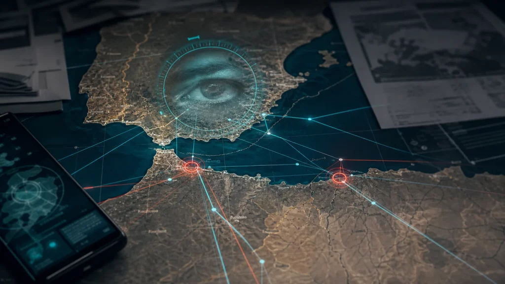 Mapa conceptual que muestra la frontera entre España y Marruecos con una línea discontinua, superpuesta con un icono de espionaje digital y una balanza inclinada, simbolizando presión geopolítica y la soberanía en disputa
