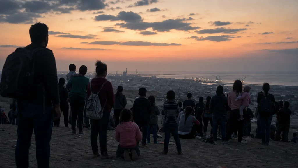 Composición editorial sobria de personas de diversas edades y géneros, algunos con niños, de pie en un paisaje costero o desértico, mirando hacia una ciudad portuaria en la distancia, simbolizando una migración masiva pacífica pero decidida hacia un territorio fronterizo.