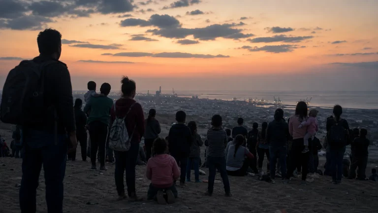 Composición editorial sobria de personas de diversas edades y géneros, algunos con niños, de pie en un paisaje costero o desértico, mirando hacia una ciudad portuaria en la distancia, simbolizando una migración masiva pacífica pero decidida hacia un territorio fronterizo.