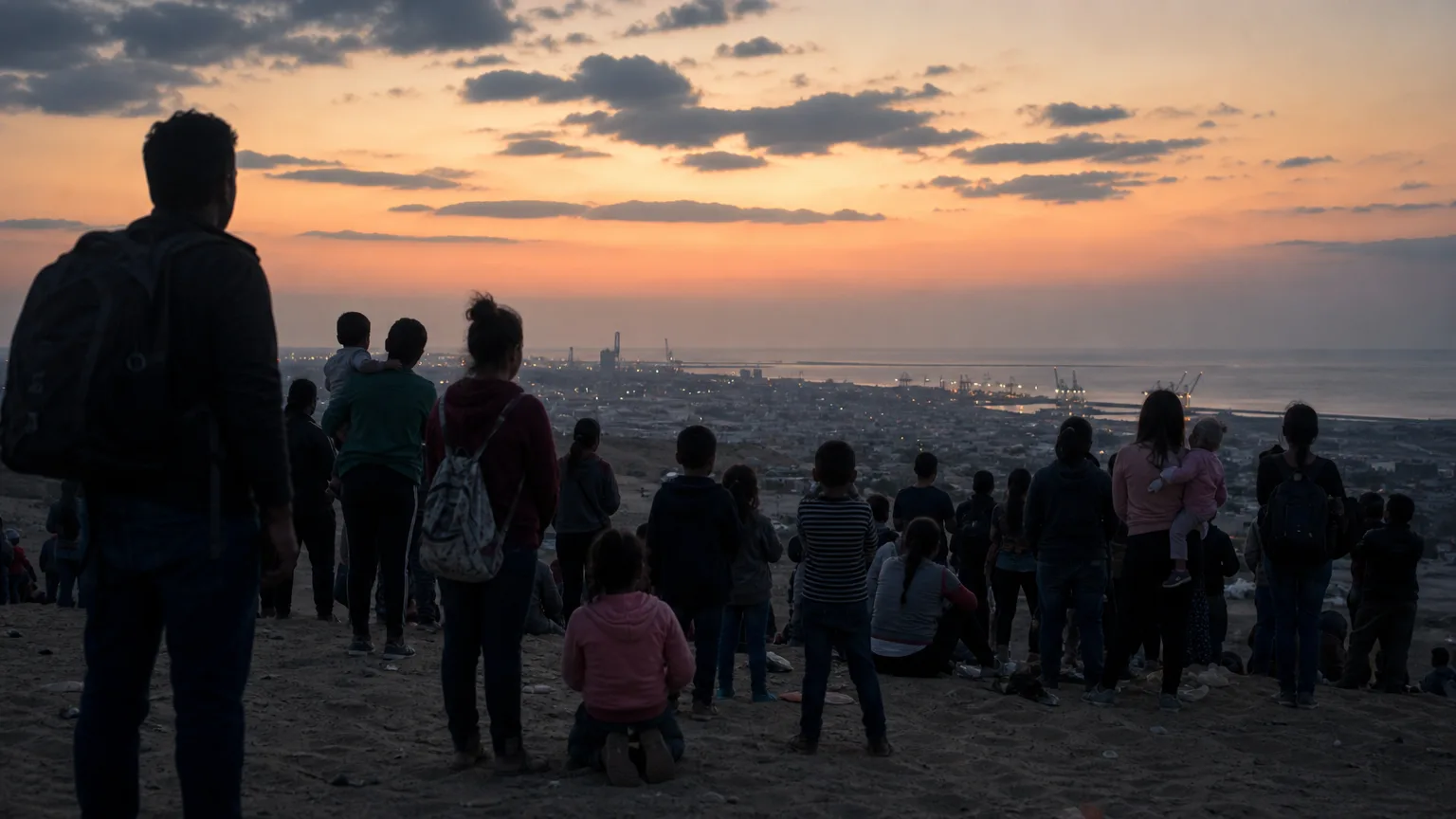 Composición editorial sobria de personas de diversas edades y géneros, algunos con niños, de pie en un paisaje costero o desértico, mirando hacia una ciudad portuaria en la distancia, simbolizando una migración masiva pacífica pero decidida hacia un territorio fronterizo.