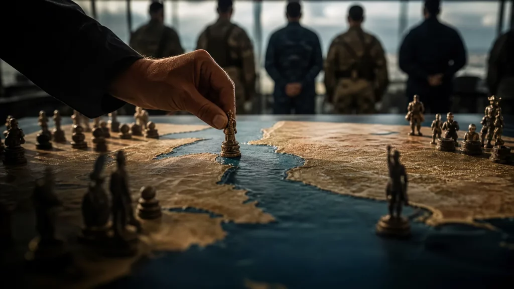 Una mano anónima mueve una pieza de ajedrez que representa el mapa del Estrecho de Gibraltar, con figuras militares borrosas en segundo plano, simbolizando la influencia geopolítica en territorios estratégicos.