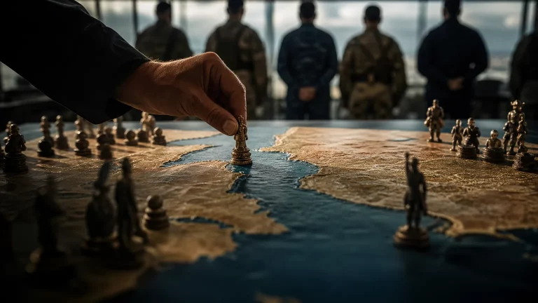 Una mano anónima mueve una pieza de ajedrez que representa el mapa del Estrecho de Gibraltar, con figuras militares borrosas en segundo plano, simbolizando la influencia geopolítica en territorios estratégicos.