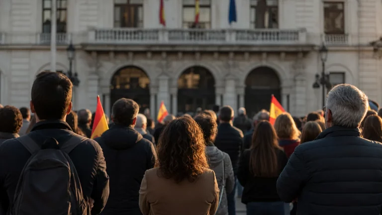 Siluetas de personas reunidas en una plaza frente a un edificio de ayuntamiento al atardecer, portando discretamente banderas de España. La escena transmite un ambiente de unidad y reivindicación ciudadana.