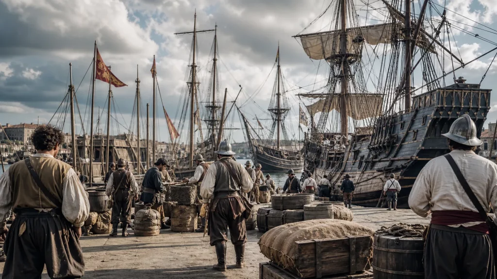Marinos españoles del siglo XVI en un puerto, con un galeón en primer plano, observando la preparación de la flota.