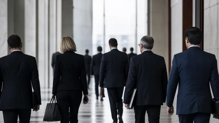 Manos anónimas de personas en traje estrechando lazos sobre una mesa de despacho, simbolizando influencias y nombramientos en la administración pública.