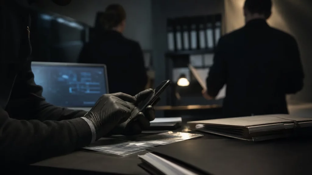 Manos analizando un teléfono móvil junto a un portátil en una escena editorial sobre espionaje digital