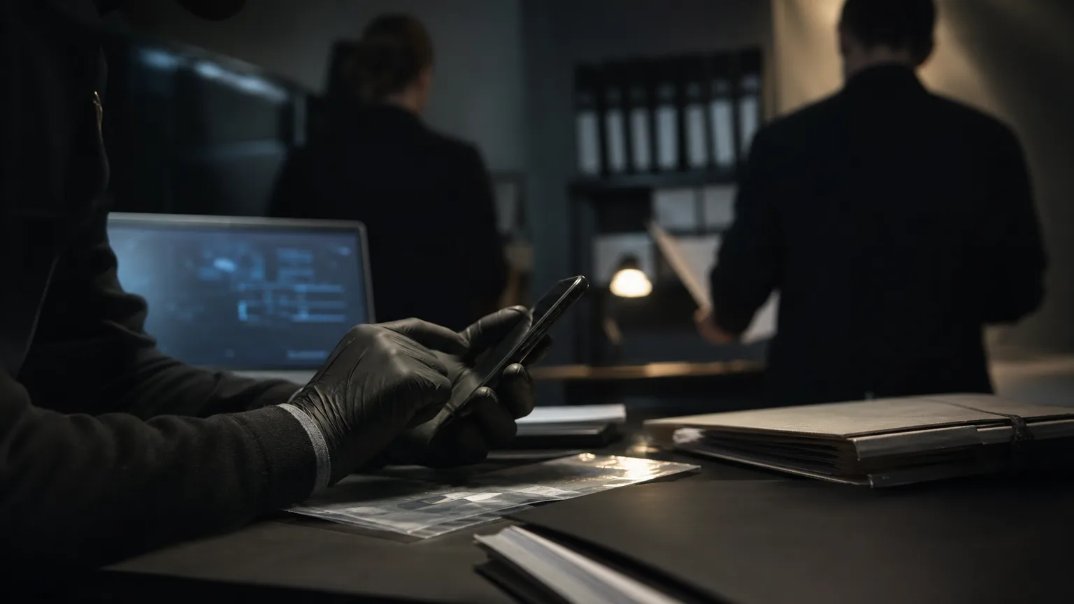 Manos analizando un teléfono móvil junto a un portátil en una escena editorial sobre espionaje digital