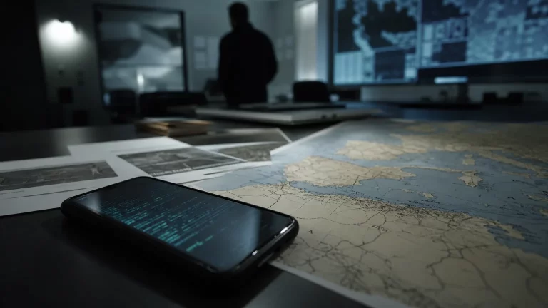 Teléfono móvil sobre una mesa con código abstracto, mapa y documentos de inteligencia