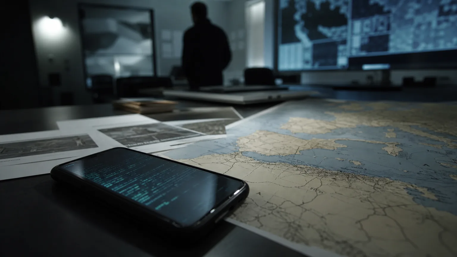 Teléfono móvil sobre una mesa con código abstracto, mapa y documentos de inteligencia