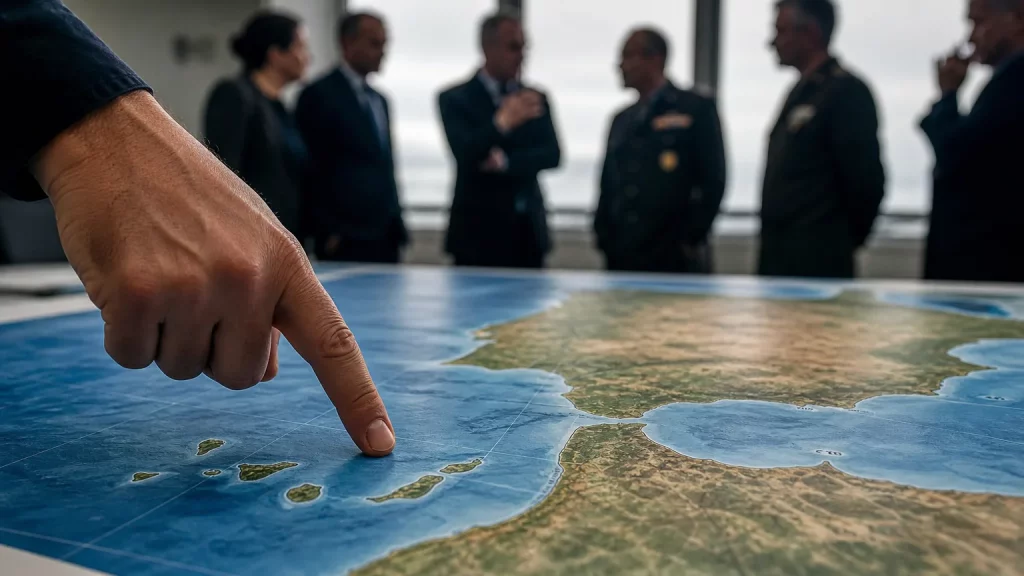 Un mapa de España con Ceuta, Melilla y las Islas Canarias resaltadas, con una silueta de persona observando y señalando las zonas en disputa, simbolizando el plan de anexión marroquí.
