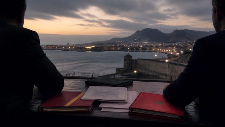 Dos figuras institucionales anónimas observan Ceuta con documentos de España y Marruecos sobre una mesa