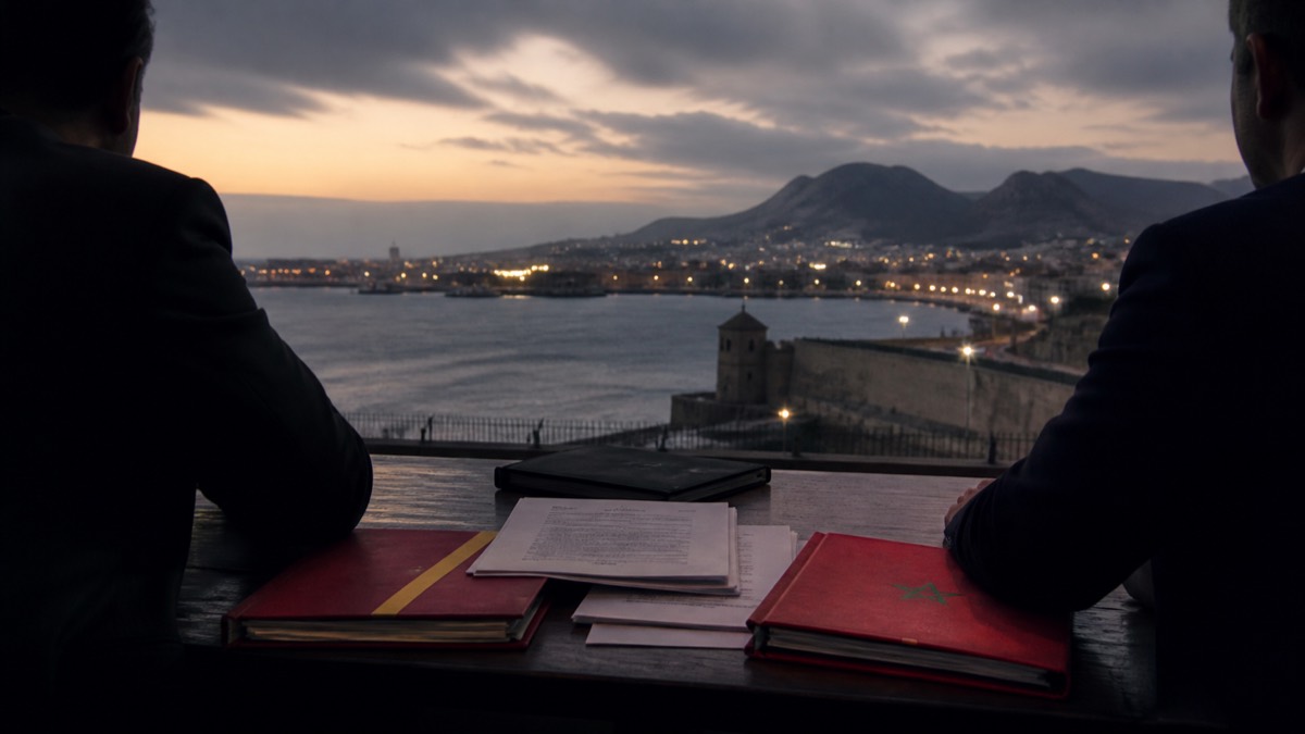Dos figuras institucionales anónimas observan Ceuta con documentos de España y Marruecos sobre una mesa