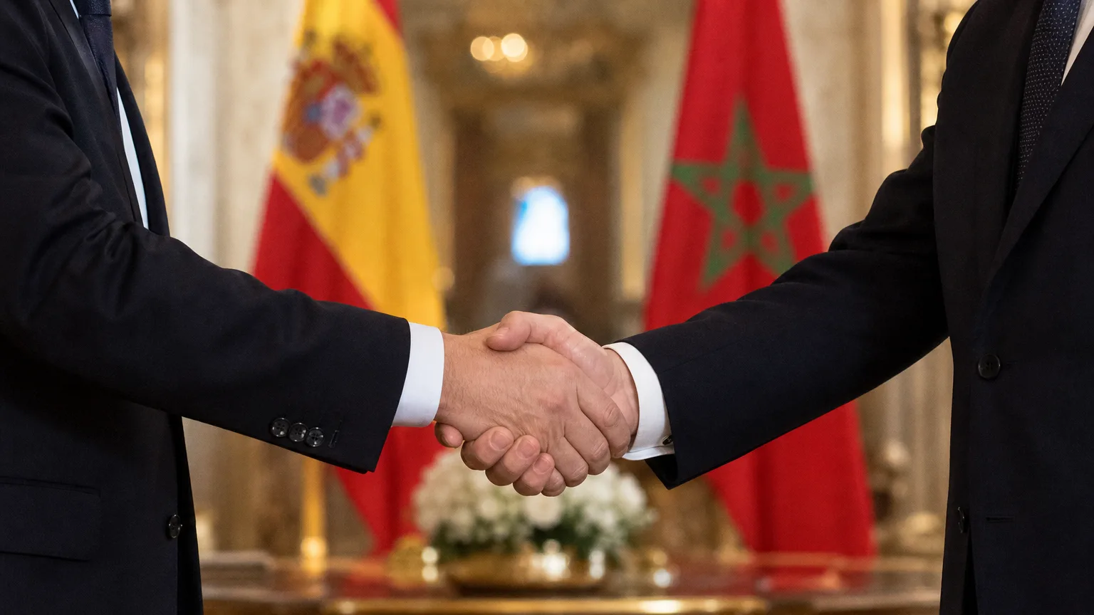Recepción diplomática simbólica con banderas desenfocadas y manos estrechándose sin rostros visibles