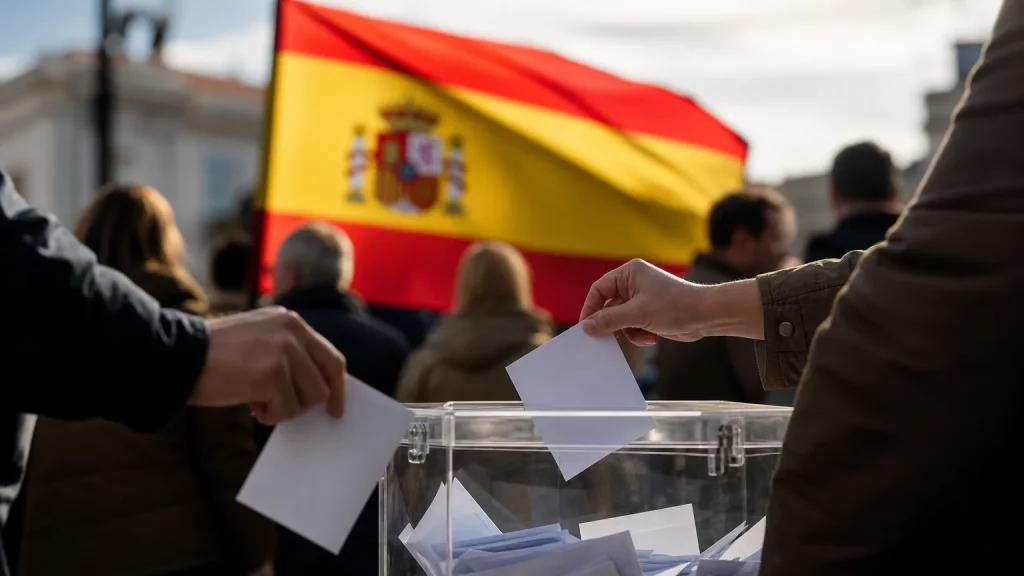 Papeletas de voto en una urna transparente con la bandera de España de fondo, manos anónimas depositando su voto para un referéndum nacional sobre la soberanía de Ceuta y Melilla.