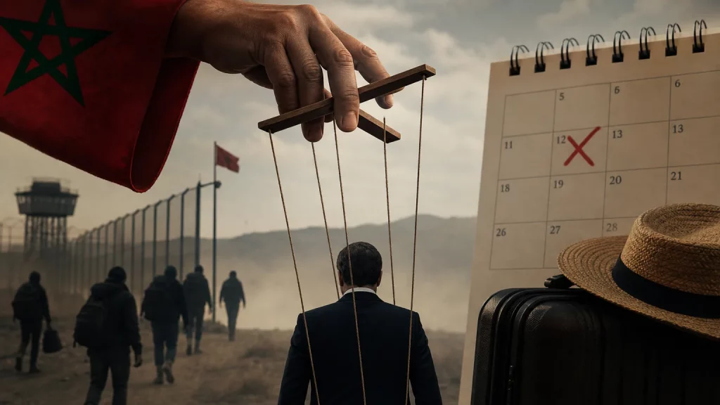 Representación satírica de un líder político siendo manipulado por Marruecos, con la inmigración ilegal de fondo, mientras sus prioridades parecen ser el ocio.