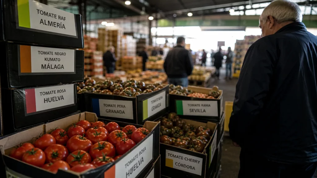 Un agricultor español de espaldas, con el rostro oculto por un sombrero, mira con preocupación un campo de tomates secos o abandonados, simbolizando la crisis del sector español, mientras al fondo se vislumbran sombras de contenedores o camiones que sugieren importación