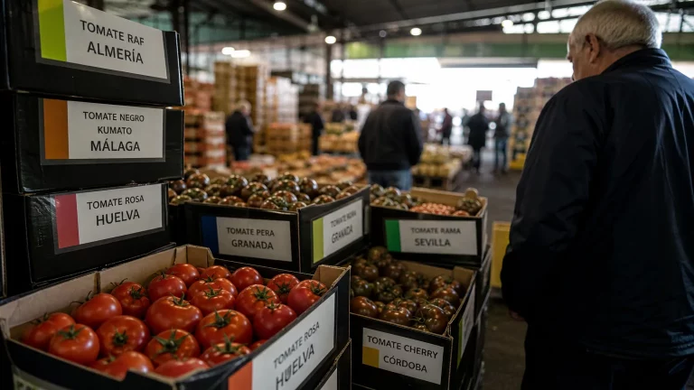 Un agricultor español de espaldas, con el rostro oculto por un sombrero, mira con preocupación un campo de tomates secos o abandonados, simbolizando la crisis del sector español, mientras al fondo se vislumbran sombras de contenedores o camiones que sugieren importación