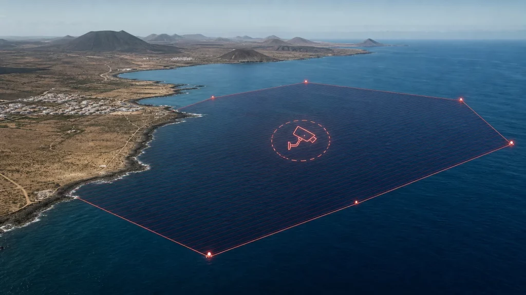 Un mapa conceptual de la costa de Lanzarote, mostrando una extensa zona marítima bloqueada con un perímetro de seguridad, y una silueta borrosa de una residencia oficial en la orilla.