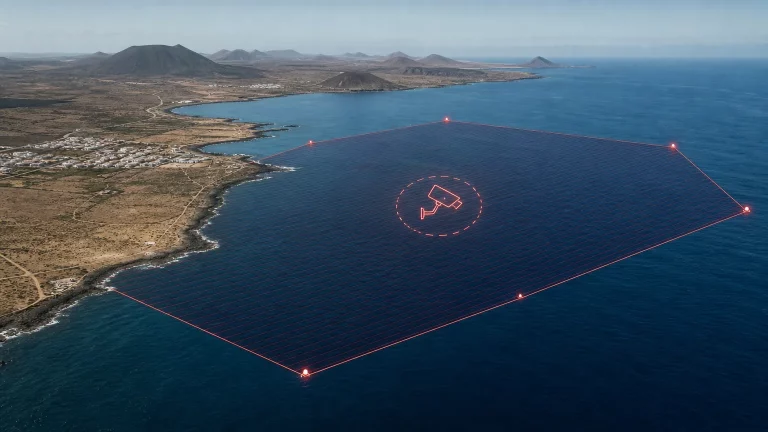 Un mapa conceptual de la costa de Lanzarote, mostrando una extensa zona marítima bloqueada con un perímetro de seguridad, y una silueta borrosa de una residencia oficial en la orilla.