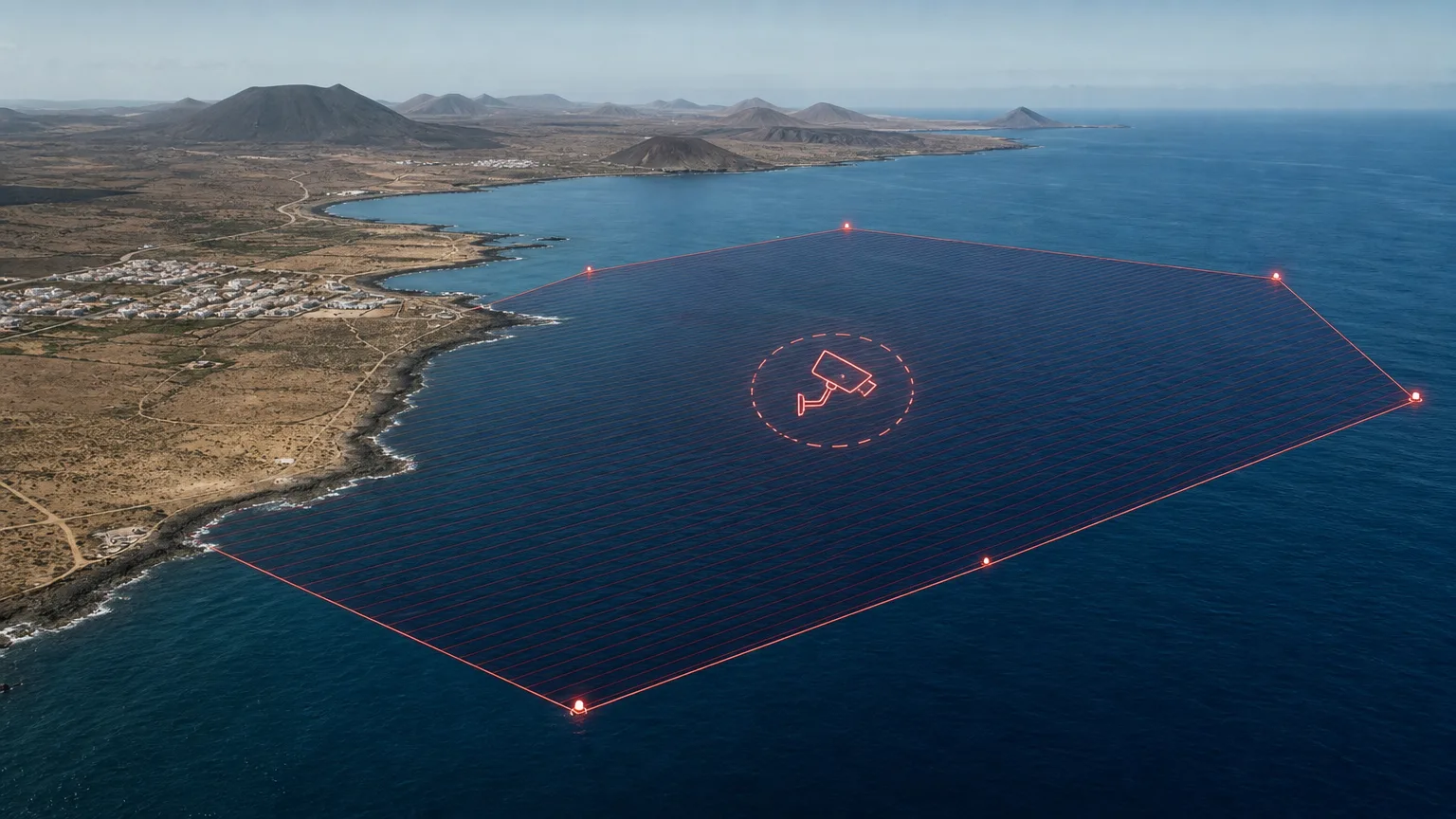 Un mapa conceptual de la costa de Lanzarote, mostrando una extensa zona marítima bloqueada con un perímetro de seguridad, y una silueta borrosa de una residencia oficial en la orilla.