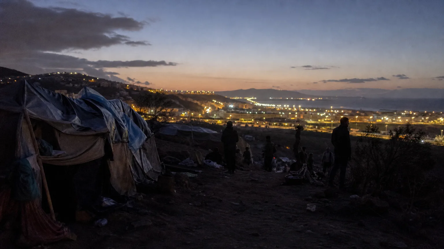 Siluetas de personas en un barranco oscuro al anochecer, con una sensación de desolación y gritos lejanos que se pierden en la distancia, evocando la vulnerabilidad de las víctimas en Ceuta.