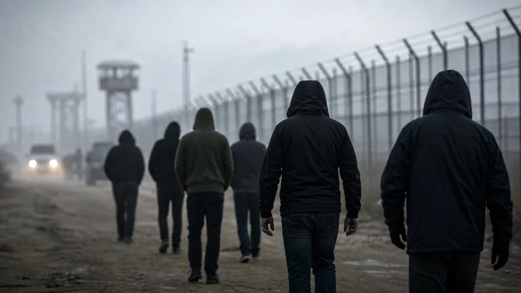 Siluetas de hombres cruzando una frontera, con una alambrada al fondo, simbolizando el reingreso de yihadistas a España tras ser liberados por Marruecos.
