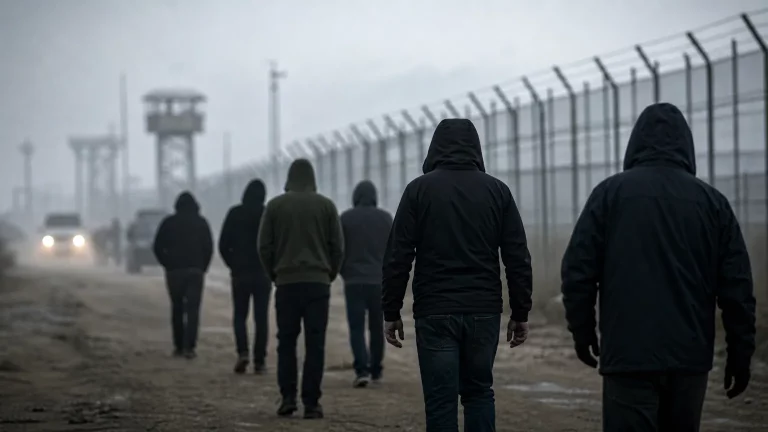 Siluetas de hombres cruzando una frontera, con una alambrada al fondo, simbolizando el reingreso de yihadistas a España tras ser liberados por Marruecos.
