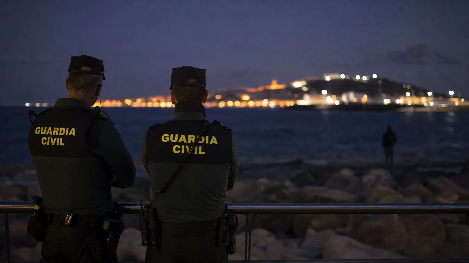 Agentes de la Guardia Civil o Policía Nacional de espaldas, vigilando una frontera marítima al anochecer en Ceuta, con luces difusas en el horizonte y una figura en la lejanía.