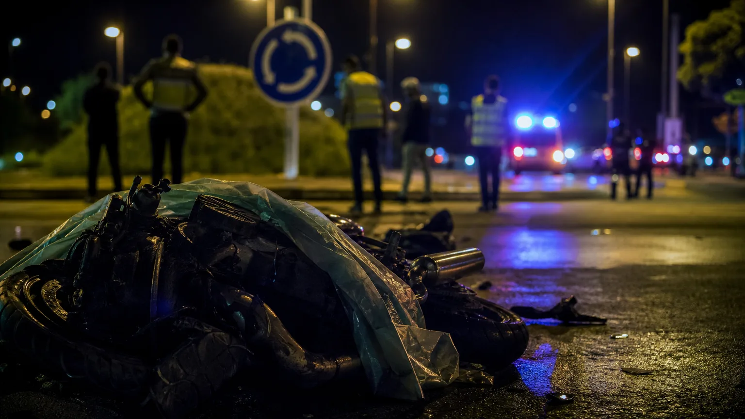 Vista editorial de una rotonda urbana de noche, con luces de emergencia difuminadas y la silueta de un agente de policía de espaldas examinando un punto en el suelo, sin mostrar el rostro.
