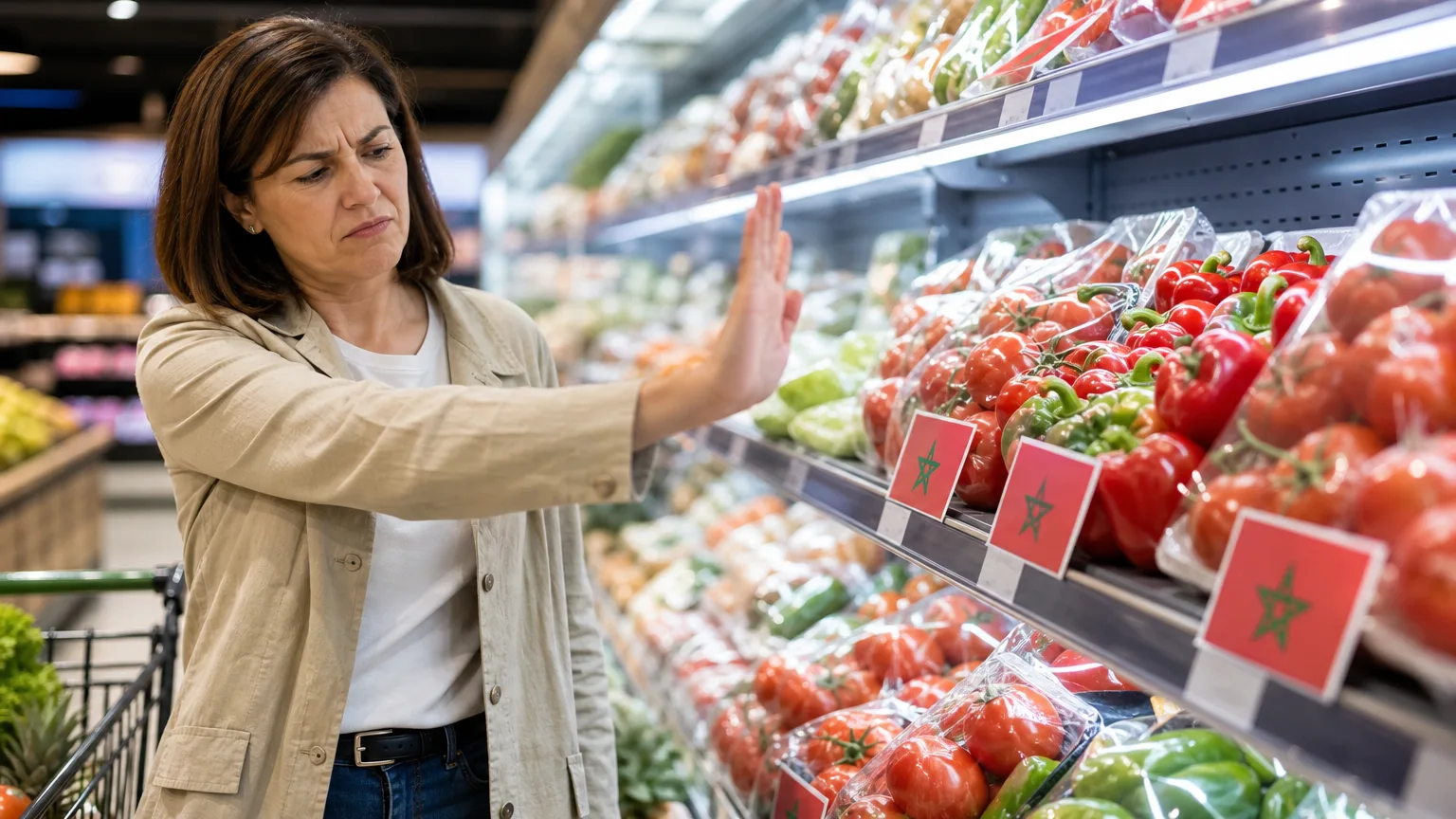 Manos de consumidores rechazando productos etiquetados como 'Producto de Marruecos' en un estante de supermercado, con un gesto de desaprobación